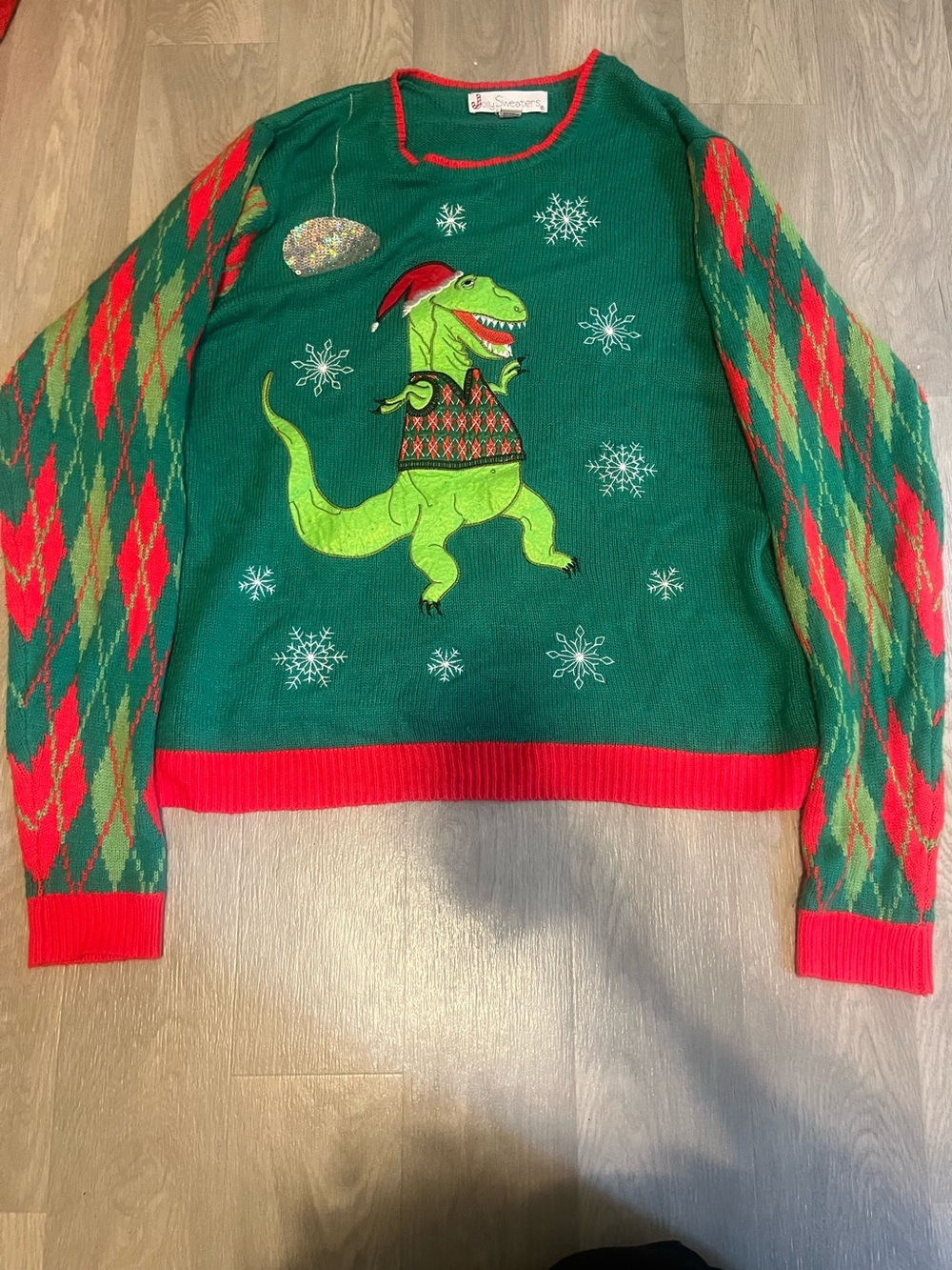 Green Crewneck Holiday Sweater with Red Accents and Dino Graphic